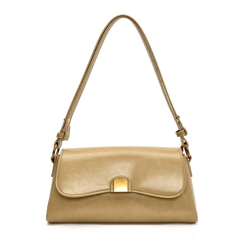 High-quality fashion high-end oil wax leather underarm baguette bag women's versatile simple solid color personalized shoulder bag