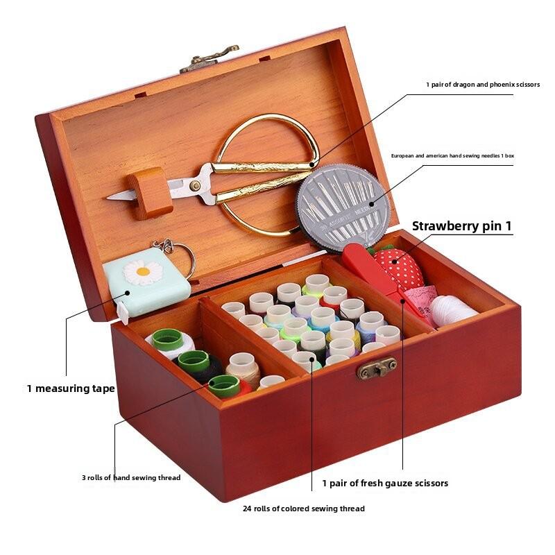 Needle and Thread Box Set, Needle and Thread Bag, Household Sewing Thread Needle Storage Box, Solid Wood Needle and Thread Box