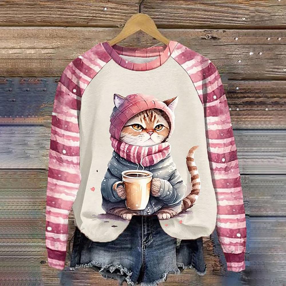 Cotton Long Sleeve T-Shirts For Women Funny Kawaii Cat Animals Print Sweatshirts Female Cute O-Neck Pullover Woman Sweatshirt