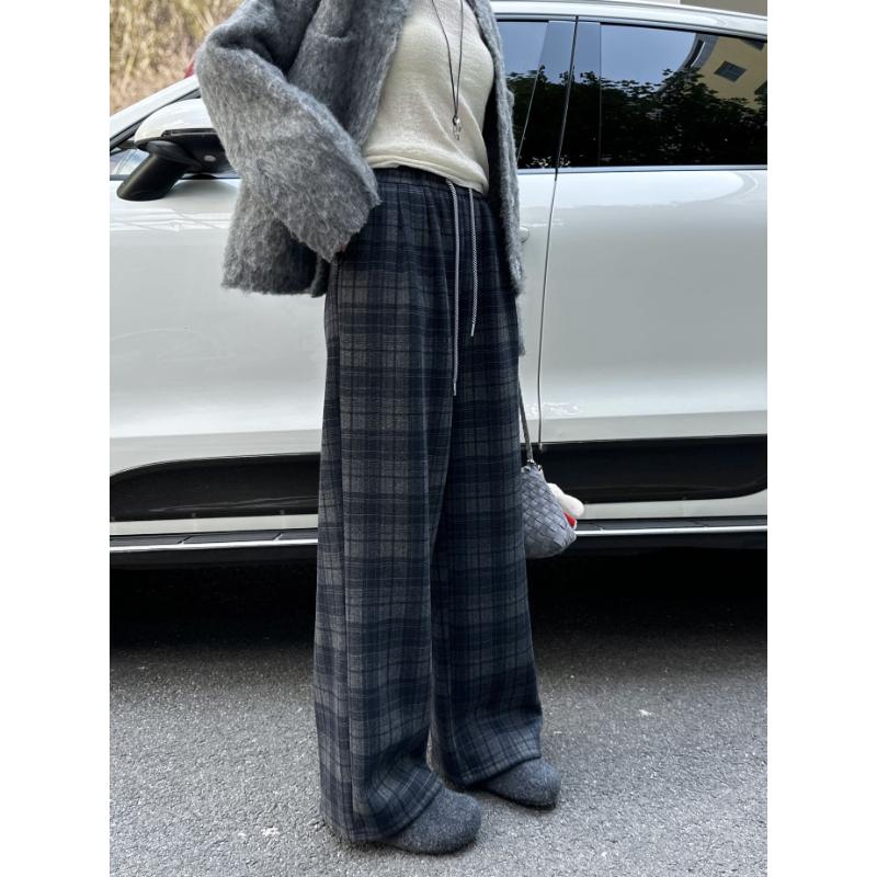 Winter New Style Fleece Lined Retro Brushed Plaid Wide Leg Pants Elastic High Waist Loose Straight Leg Casual Pants For Women