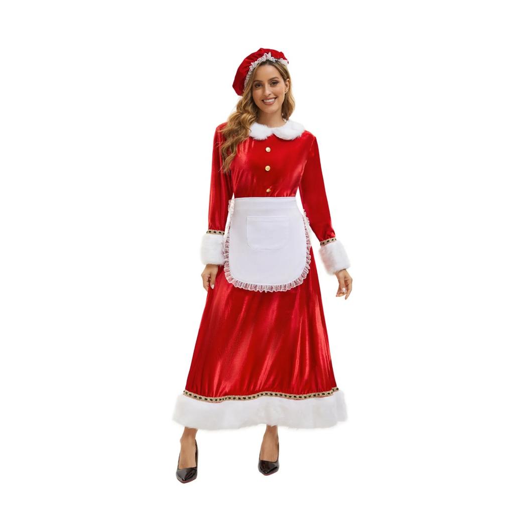 LYRIA New Christmas Adult Plush Edge Dress Women's Holiday Party Costume Santa Claus Cosplay Hat Apron Set Performance Costume