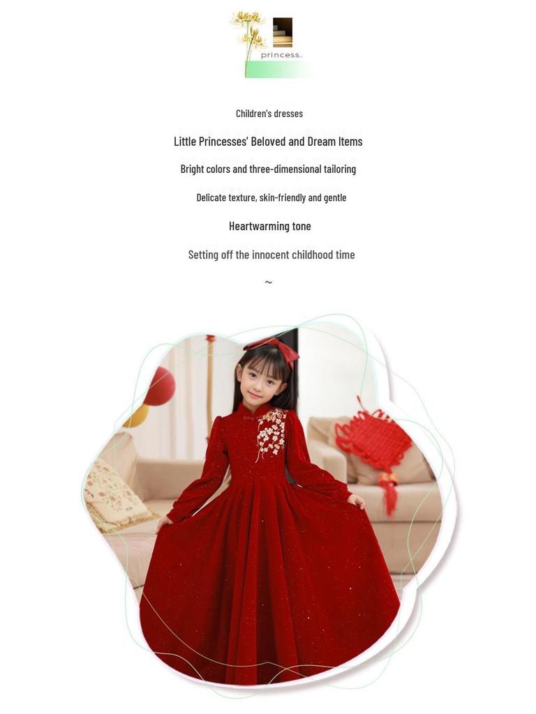 Korean Silver Fox Velvet 410g Girls' Elegant Red Long-Sleeved Embroidered Dress