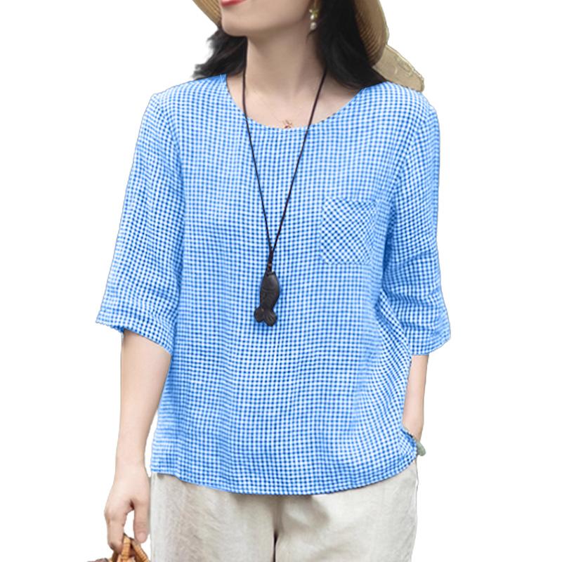 ZANZEA Women Casual Round Neck Plaid Print Loose Half Sleeve Blouse
