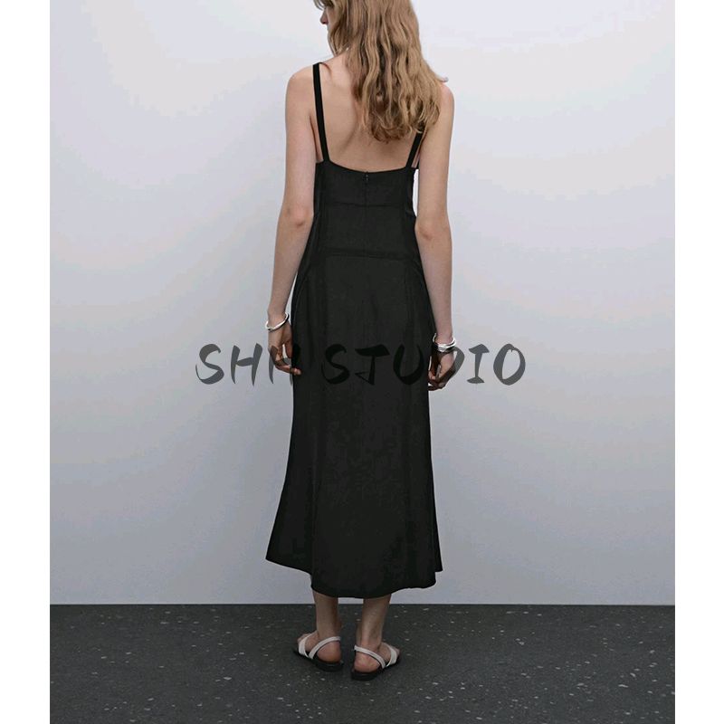 Spring and Summer New Women's Clothing Elegant Elegant V-neck Sleeveless Mid-Length Backless Dress Black Dress 6671584
