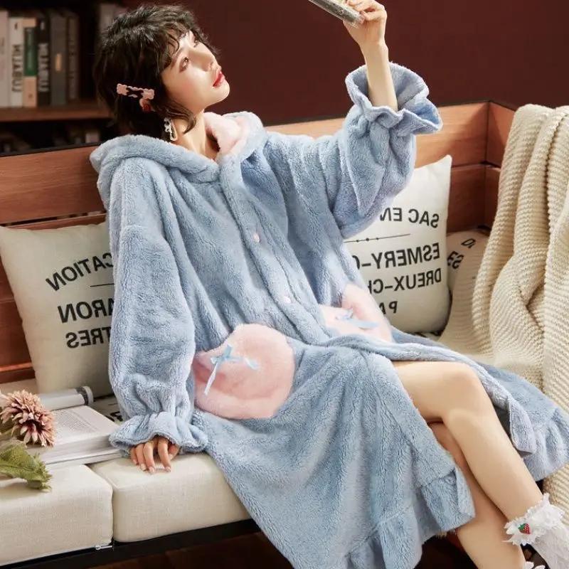 Princess Plush Bathrobe Gown Thick Home Clothes Soft Robes Winter Warm Hooded Flannel Nightgown Women Cute Cartoon Sleepwear