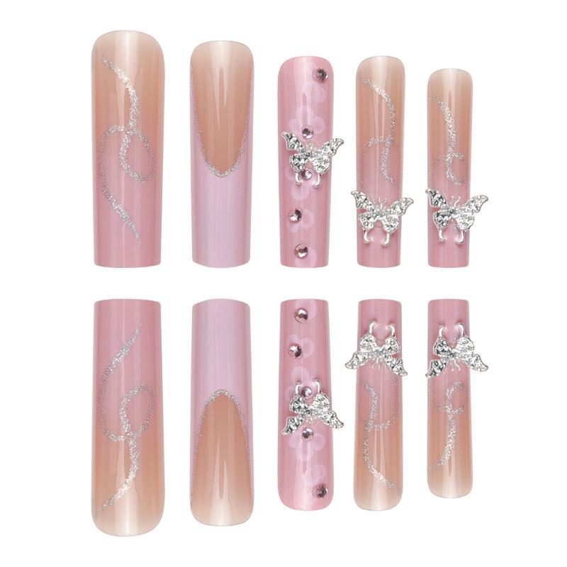 European and American Style Wearing Nail Silver Butterfly Glitter Wearing Fake Nails Pink Flower Broken Diamond Nail Art Piece Finished Product