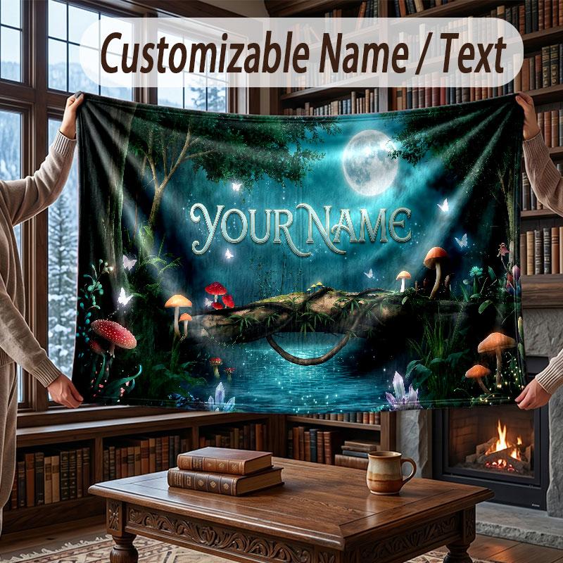 Mushroom Forest Theme Throw Blanket Custom Name Text Personalized Blanket Soft Cozy Blanket for Home Sofa Bed