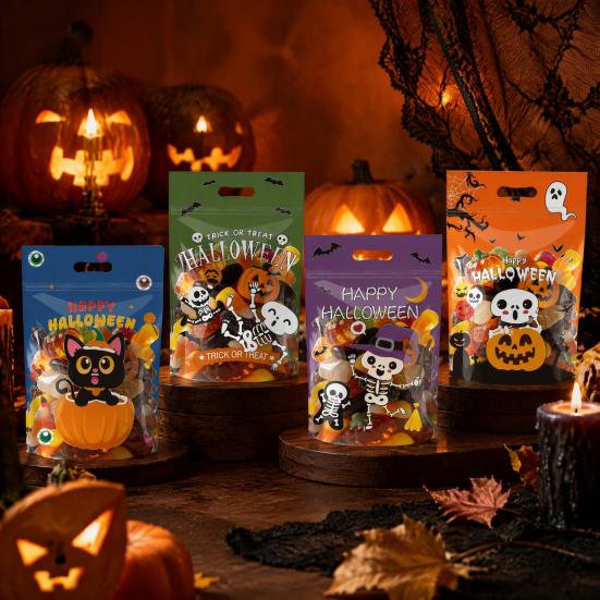 Durable Plastic Storage Containers 4PCS Halloween Candy Treat Bags with Handle, Translucent Stand-up Dessert Theme Holders Pouches, Cartoon