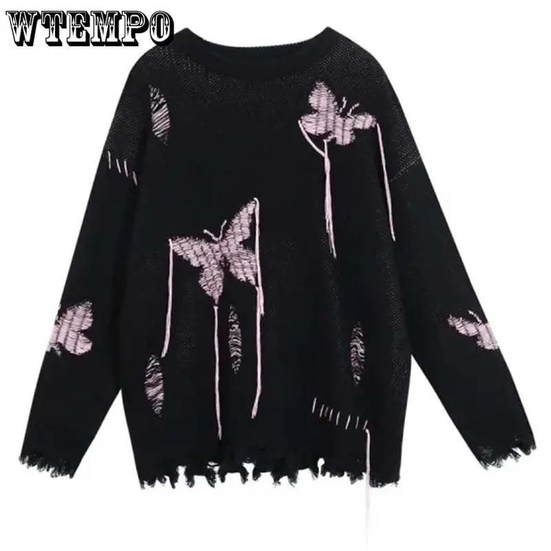 

Black Fashion Hole Tassels Women Sweater Butterfly Embroidery Loose Knit Pullover Long Sleeve Top Pull Jumper Punk Spring Autumn