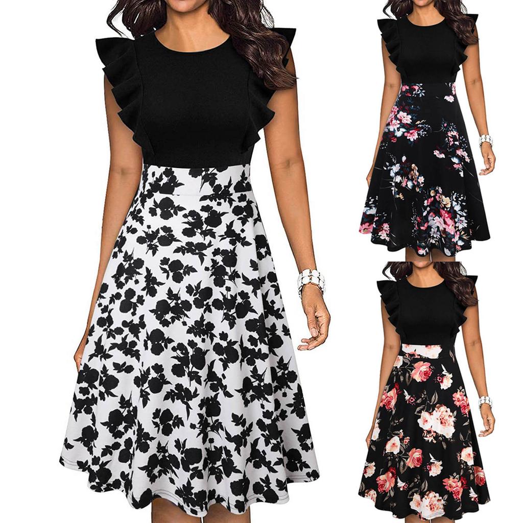 Floral Flared A-Line Swing Casual Party Dresses, Short Sleeve $13Each