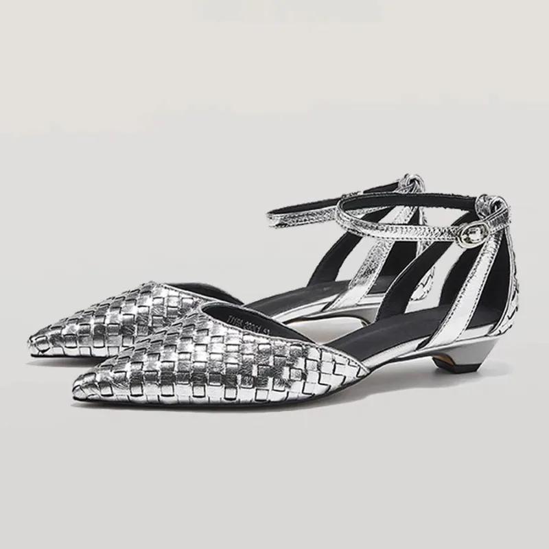 2025 Summer Female Shoes Closed Toe Women's Sandals Dress Sandals Women Cover Heel Ankle Buckle Strap Pointed Toe Shoes