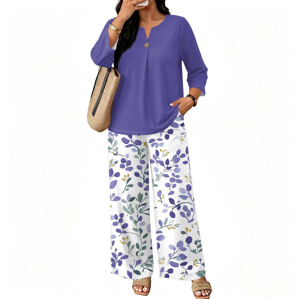 Women's Casual Printed 3/4 Sleeve Button Front Top and Wide Leg Pants 2 Piece Set