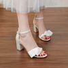 7Cm thick heel light mouth word with sandals ribbon bow satin bridal wedding dress open-toed women's sandals