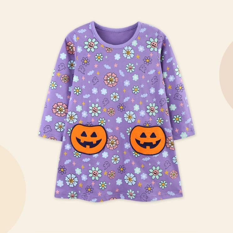 Girls Autumn Crew Neck Girls Dress Halloween Patch Long Sleeve Skirt