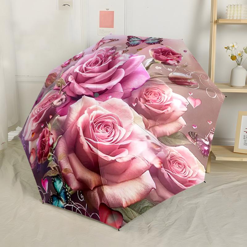 Romantic Pink Roses And Butterflies Outdoor Automatic Umbrella Compact 8Rib Lightweight Durable Plastic Iron Travel Essential Elegant Women'S Umbrella
