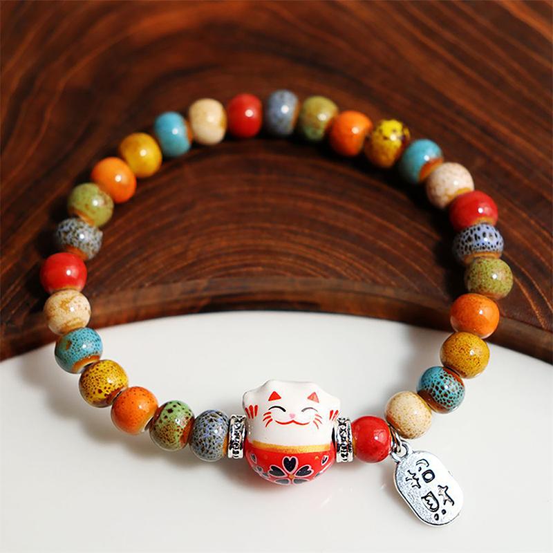 Süßes Glückskatzen-Armband für Frauen und Mädchen, verstellbar, bunte Perlenarmbänder, chinesischer Stil, Keramik, Katzenanhänger, Armband, Schmuck