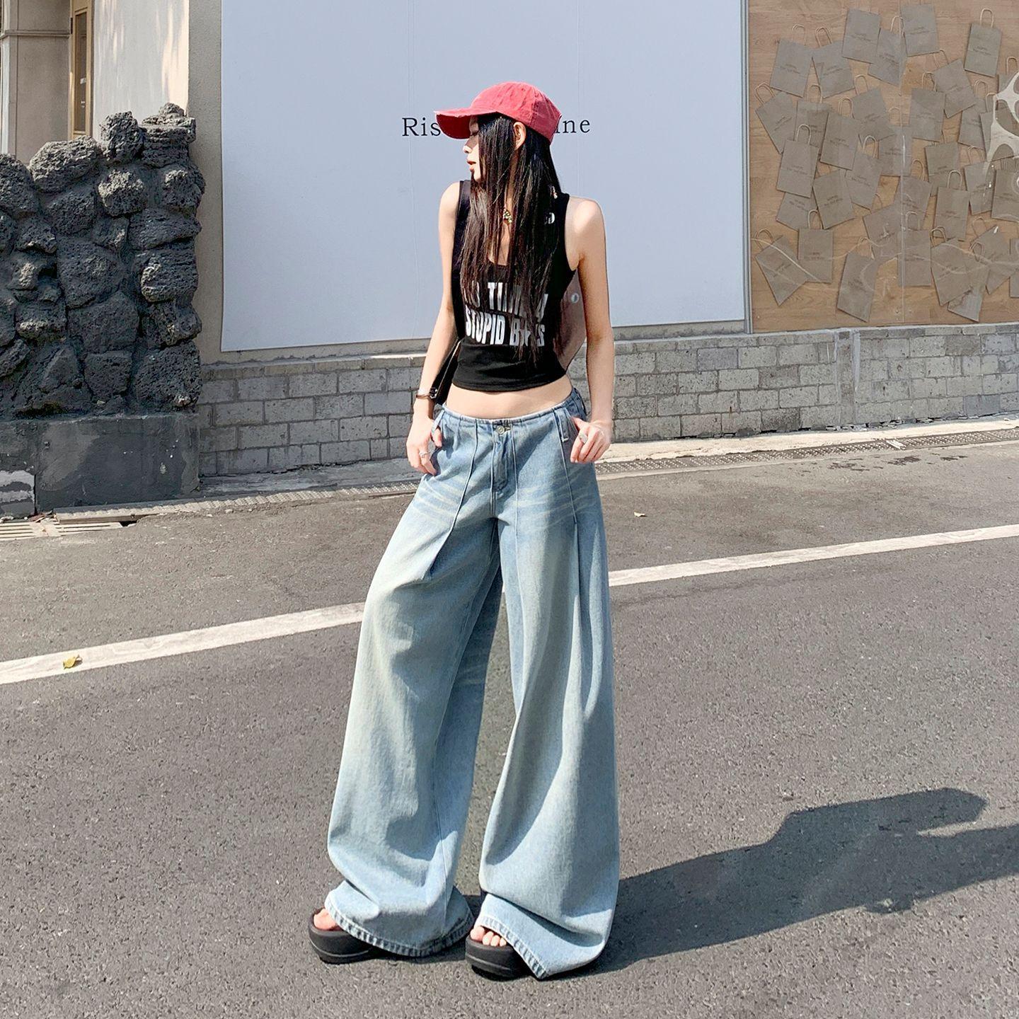 Spring Summer No Waistband Pleated Cat Whisker Washed Light Blue Loose Wide Leg Denim Pants For Women Casual Pants Oversize Denim Trousers S