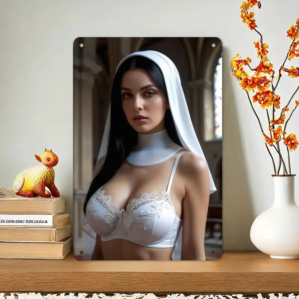 Kirche Traum Metallwandkunst 8x12 Zoll - Religiöse Dekoration mit Nonnen-Spitzen-BH & Schleier für Zuhause, Bar, Café