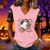 Women's Short Sleeve V-Neck Pullover Top with Halloween Print for Casual Everyday Wear