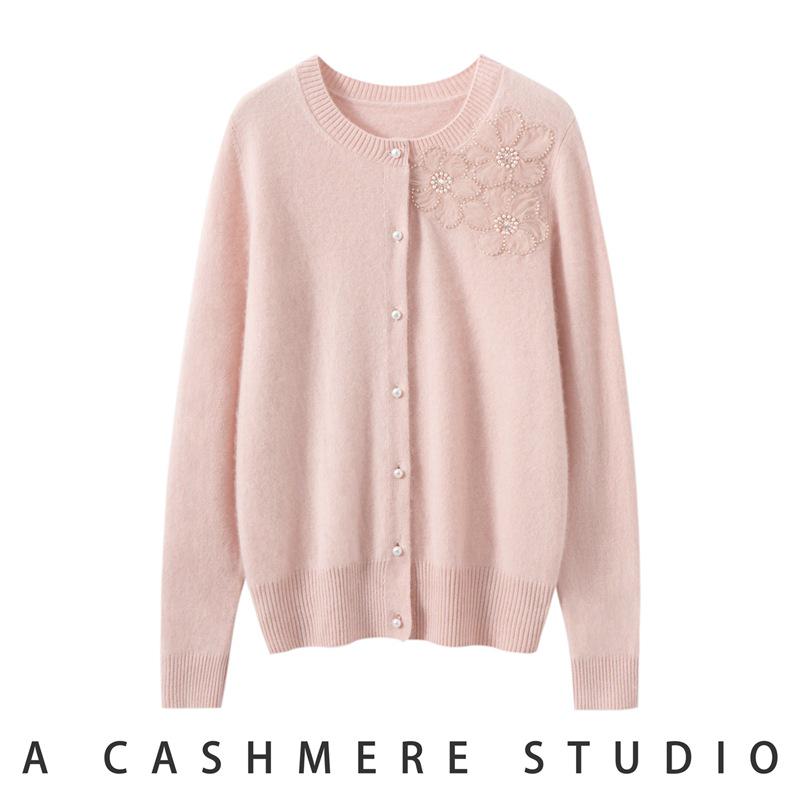 2025 Cashmere Women's Round Neck Cardigan - Pearl Flower Jacquard Design