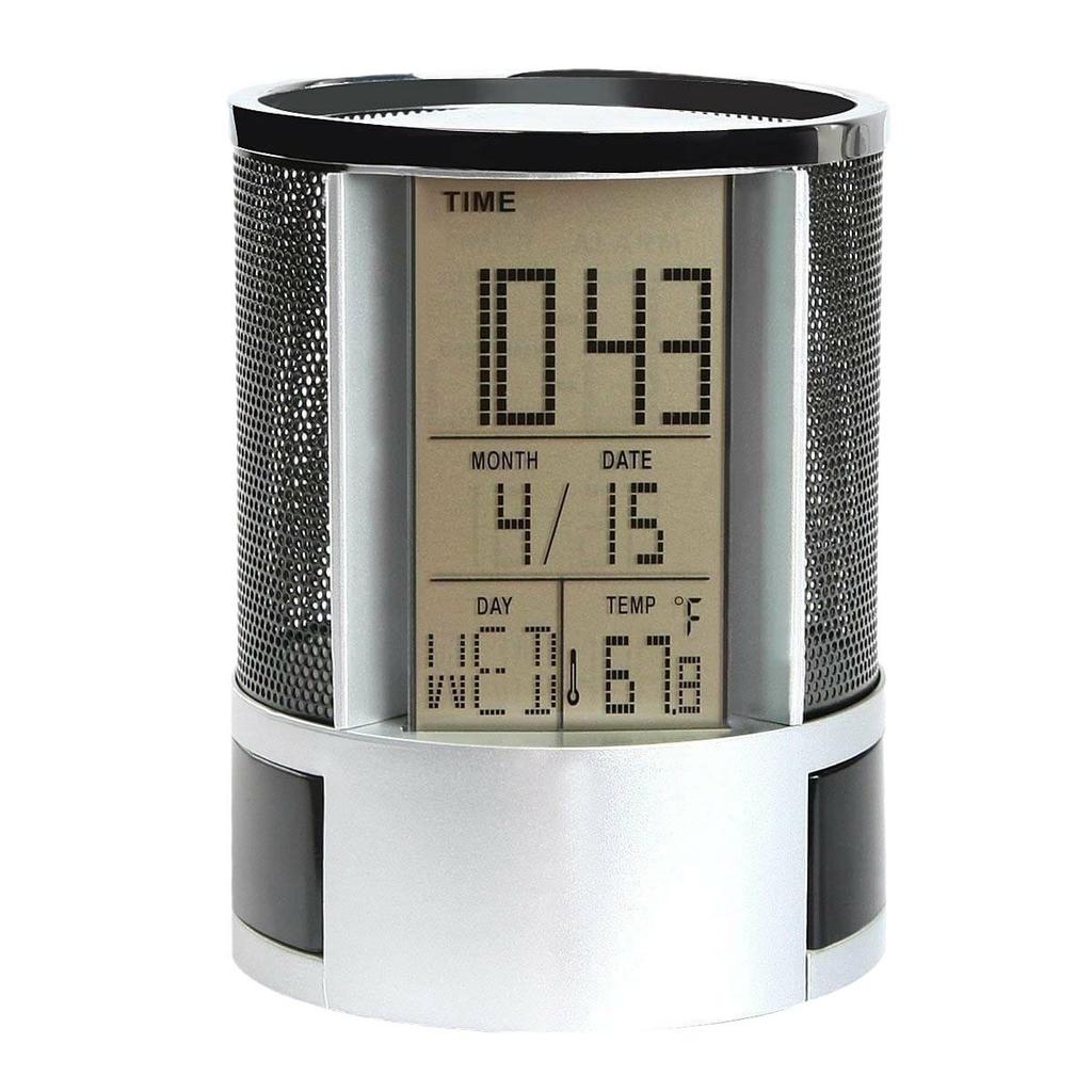Multifunctional Metal Mesh Perpetual Calendar Pen Holder with Desktop Temperature Clock