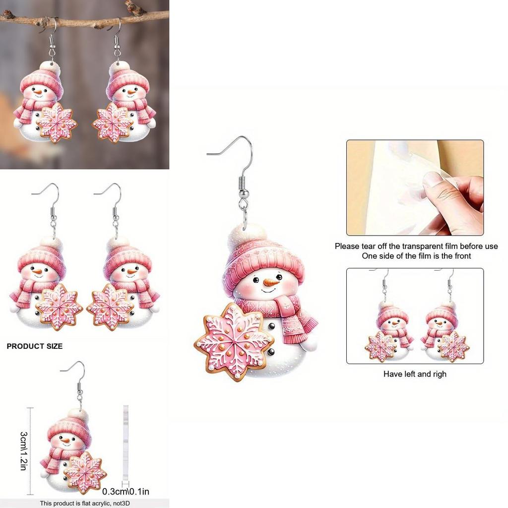 Christmas Theme Cute Cartoon Pink Hat Scarf Snowman Pattern Women Earrings For Festive Wear