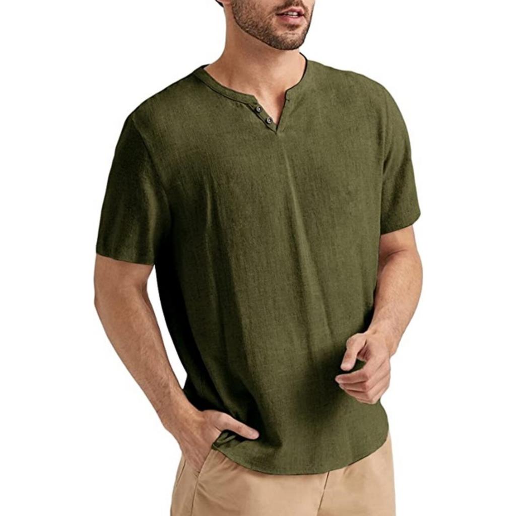 Men's Casual -color Short-sleeved Shirt With V-neck And Light Short-sleeved Top
