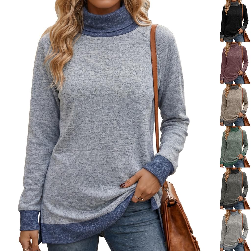 Women's Color High Neck Long Sleeve Loose Fit T-Shirt with Side Slit