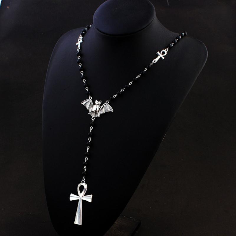 Ankh Kreuz Fledermaus Anhänger Halskette Goth Lange Rosenkranz Perlen Halskette Halloween Schmuck Y2k Punk Pullover Kette Halskette