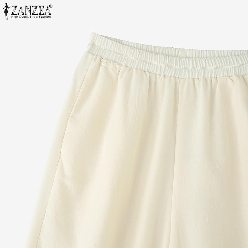 ZANZEA Pantaloni Cropped Largi de Vacanță Casual pentru Femei, cu Talie Elastică, Largi