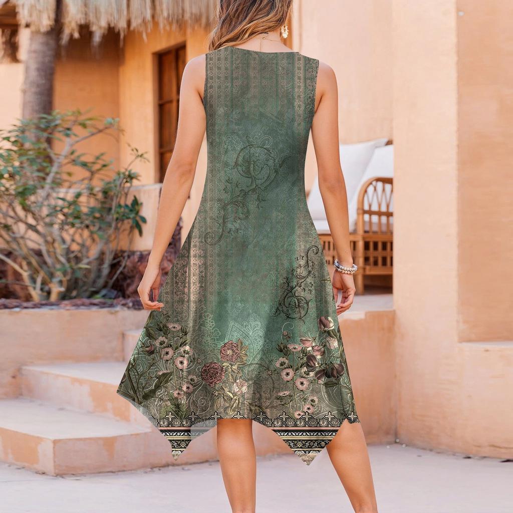 Damen Lässige Ärmellose Sommerkleider Frühling Rundhals Patchwork Boho Floral Rüschen Cocktailparty Midi-Kleid