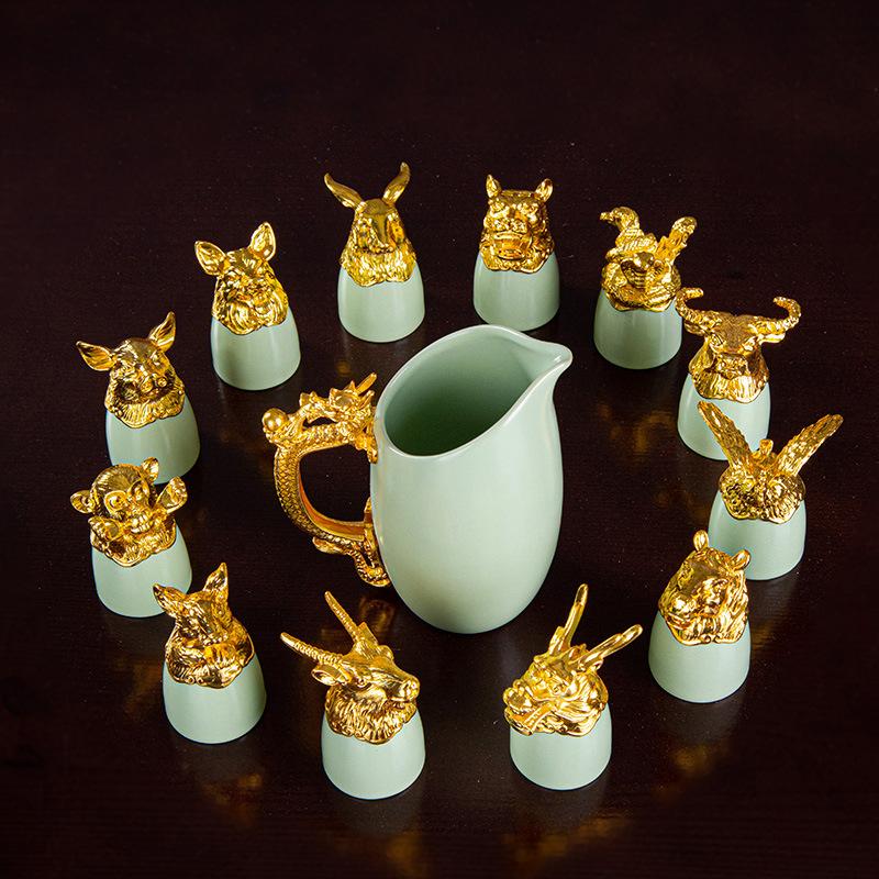 Ceramic wine set, twelve zodiac animal heads, high-end set, gold-plated gift, small mouth 12 wine glasses, wine dispenser Baijiu