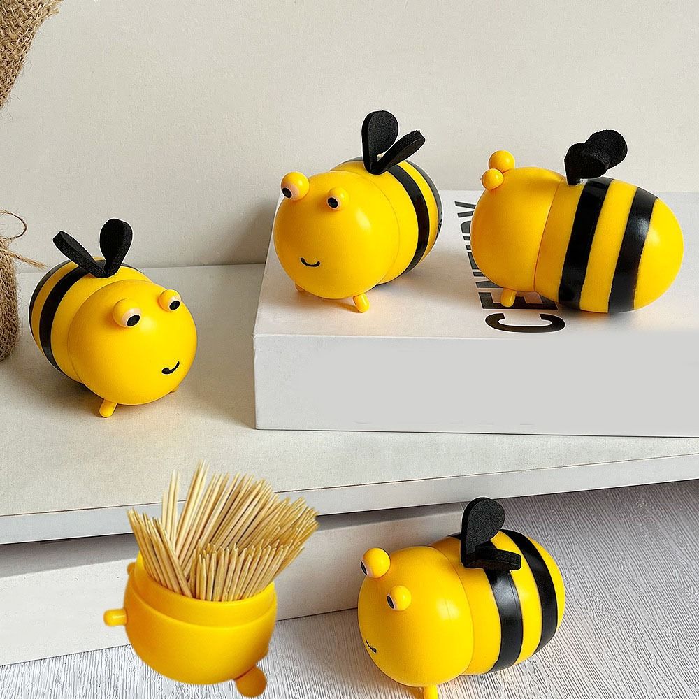 2Pcs Cartoon Design Bee Shape Toothpick Box Plastic Cute Little Bee Toothpick Jar Moisture-proof Portable
