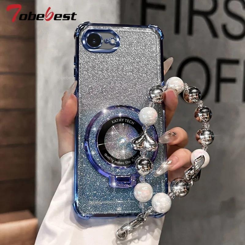 Shockproof Glitter Plating Case For iPhone 16E 2025 16 15 14 Plus 13 12 11 Pro Max Fundas Magsafe Bracket Bead Bracelet Cover