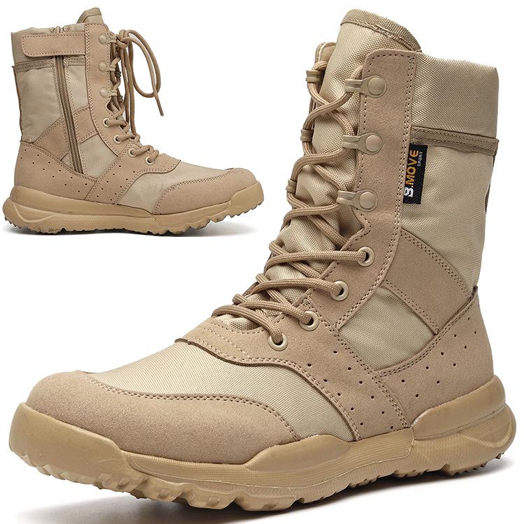 Summer Men's Breathable Combat Boots, High-Top Tactical Desert Boots with Side Zipper, Women's Outdoor Boots, One-Piece Design.