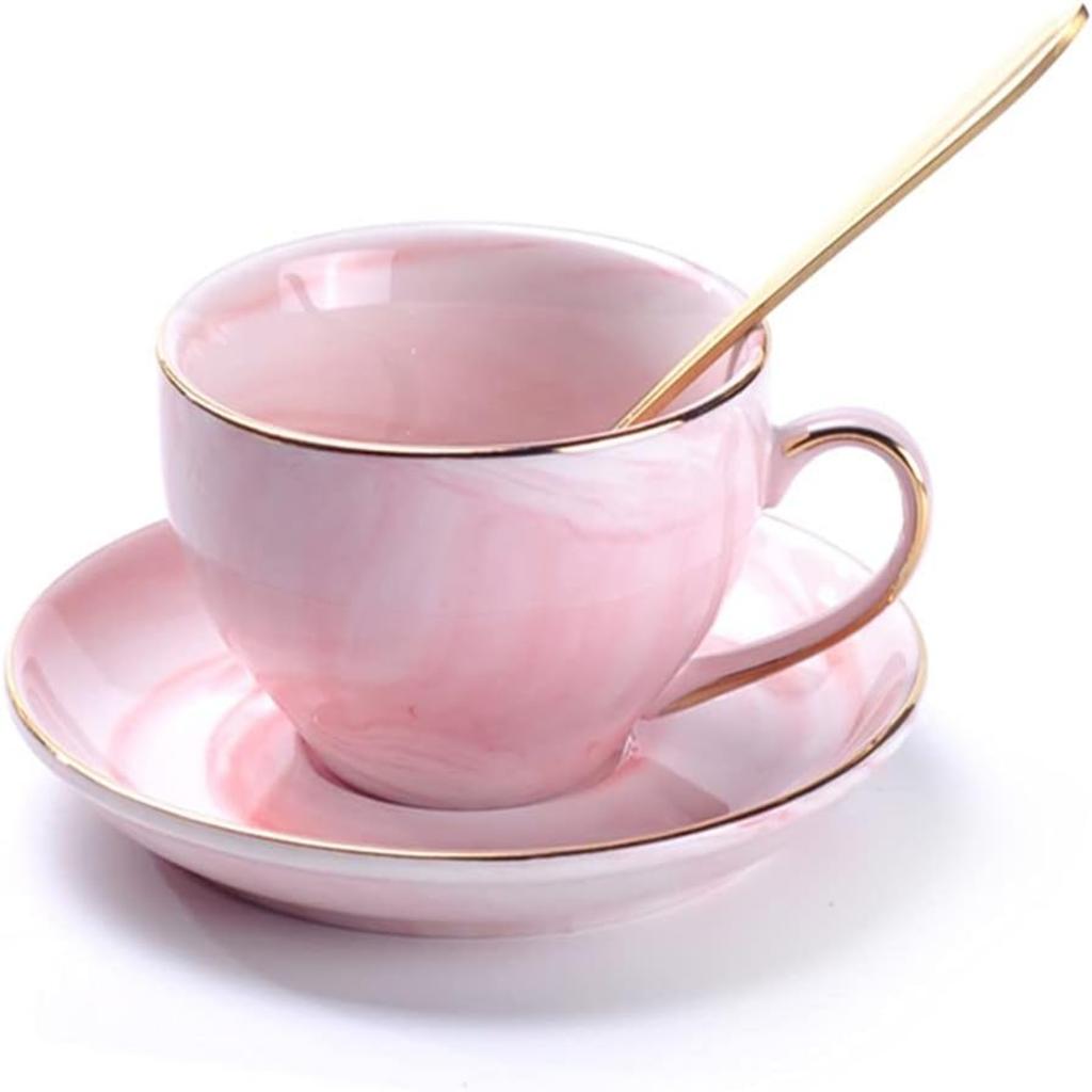 Golden Rim Teacup - Premium Quality Hand-made Bone China Cup and Saucer Set for Specialty Coffee Drinks, Latte, Cafe Mocha, and