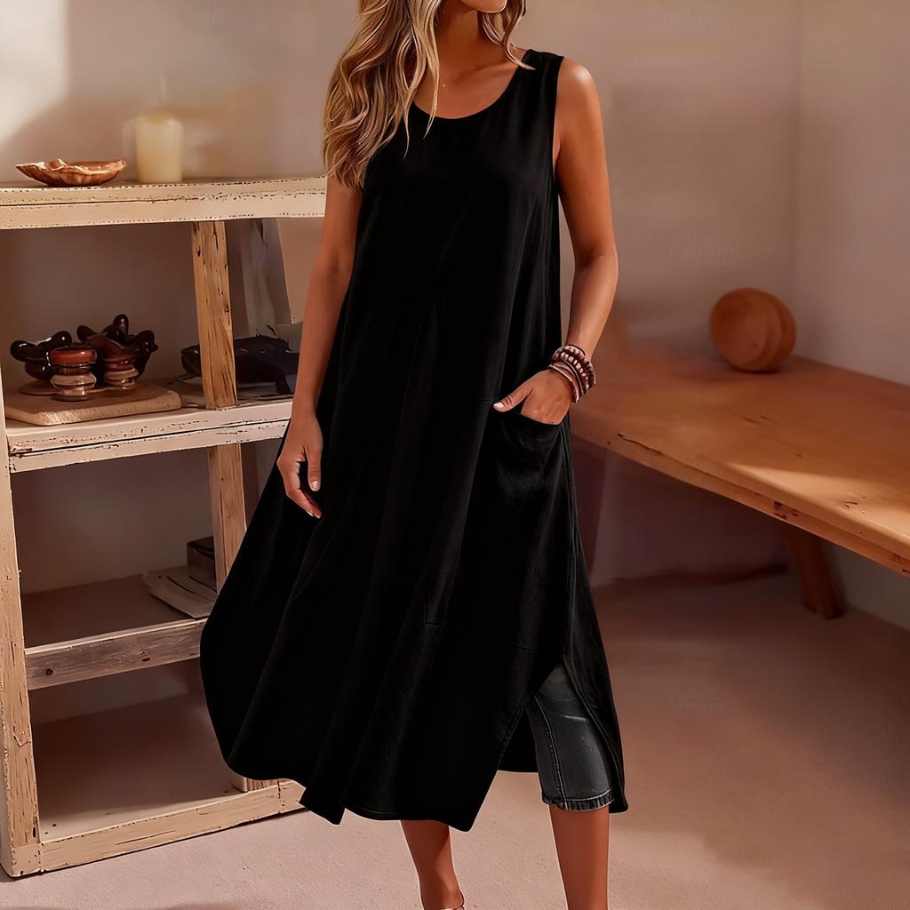 Women's Fashion Casual Colour Sleeveless Cotton Linen Pocket Dress