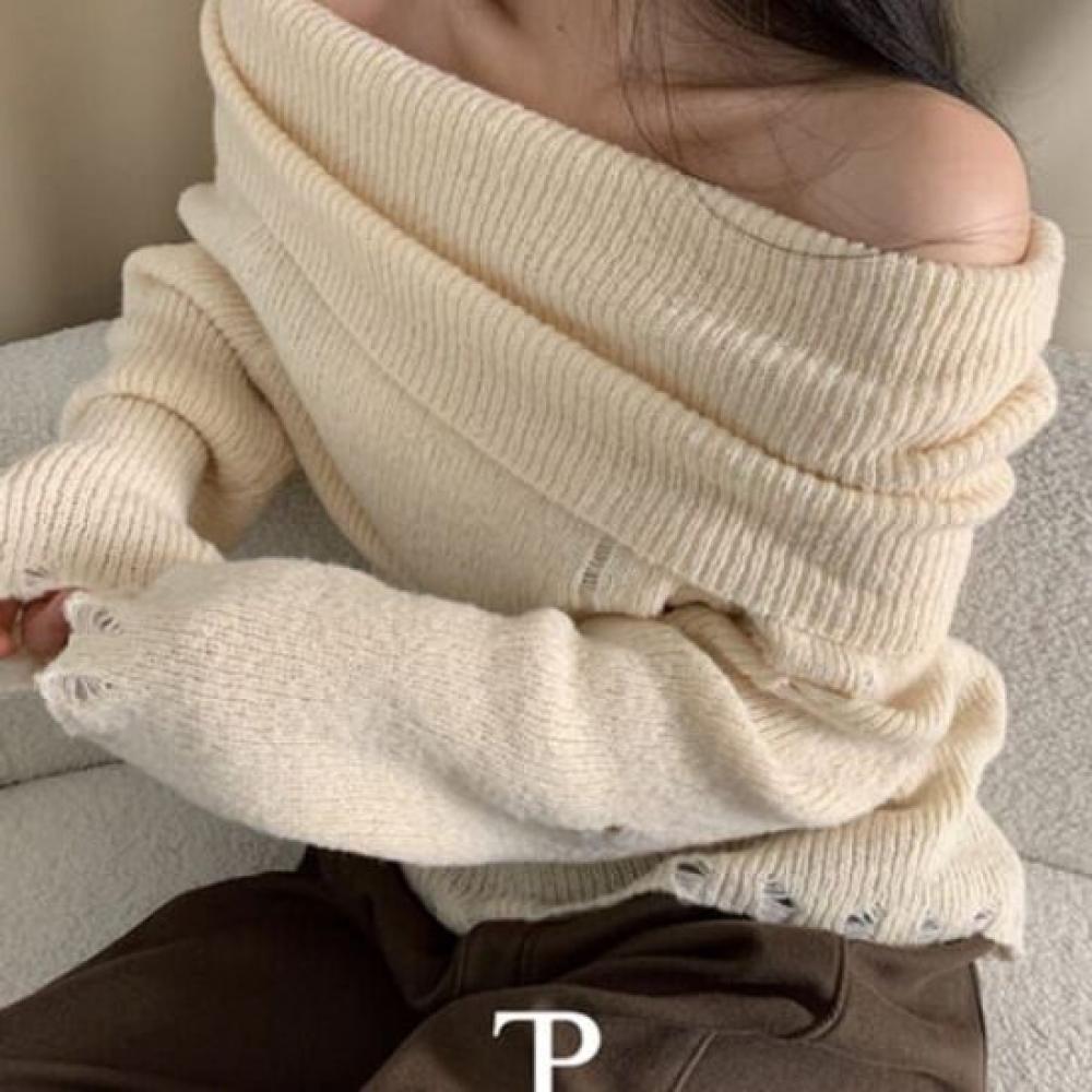 The Pink Loose Fit Damage Wool Mohair Off Shoulder Knit