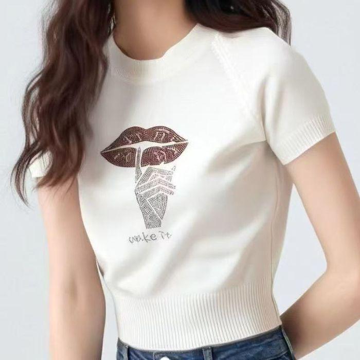 Cross-border Summer Rhinestone Round Neck Casual Ice Silk Knit T-shirt 