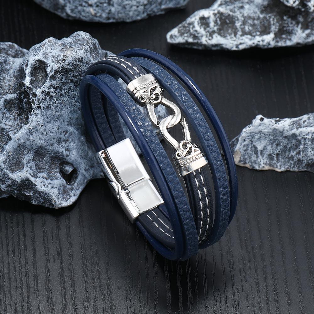 Винтажный плетеный кожаный веревочный браслет, многослойный линейный дизайн с петлями, магнитная застежка, мужской браслет тёмно-синий