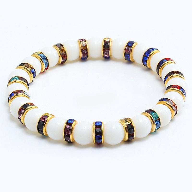 8mm White Porcelain Beads Rhinestone Bracelet: Trendy Unisex Wristband with Hand Rope