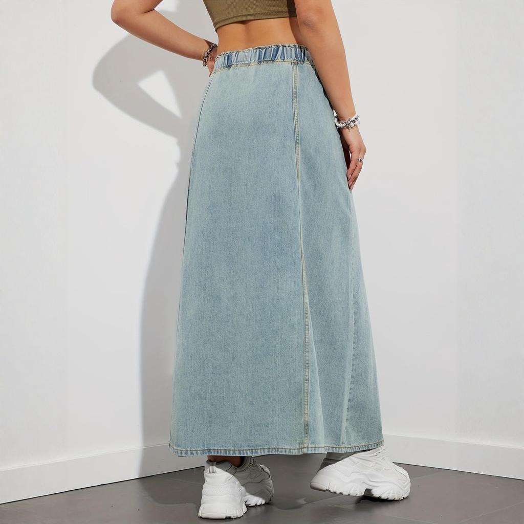 Lässiger, elastischer, hochtaillierter, lockerer A-Linien-Jeansrock für Damen mit ausgestelltem Rockrand