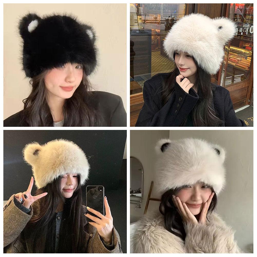 Fashion Bear Ear Fur Cap For Women Fur Hat Autumn and Winter Fur Hats Mongolian Hat Brimless Plush Fluffy Skiing Riding Warm Cap