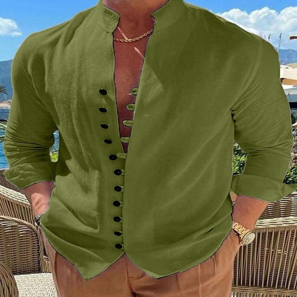 100% Pure Cotton Linen Hot Selling Fashion Men's Long Sleeved Shirt Solid Color Stand Up Collar Casual Style Men's