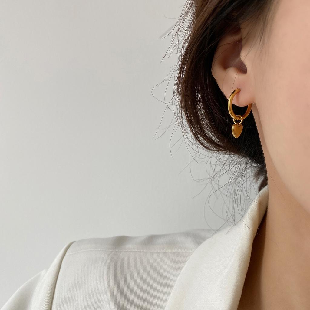 Stainless Steel 2024 Gold Color Love Heart Hoop Earrings Sweet Pendant Ear Accessories Fashion Metal Gift For Girlfriend
