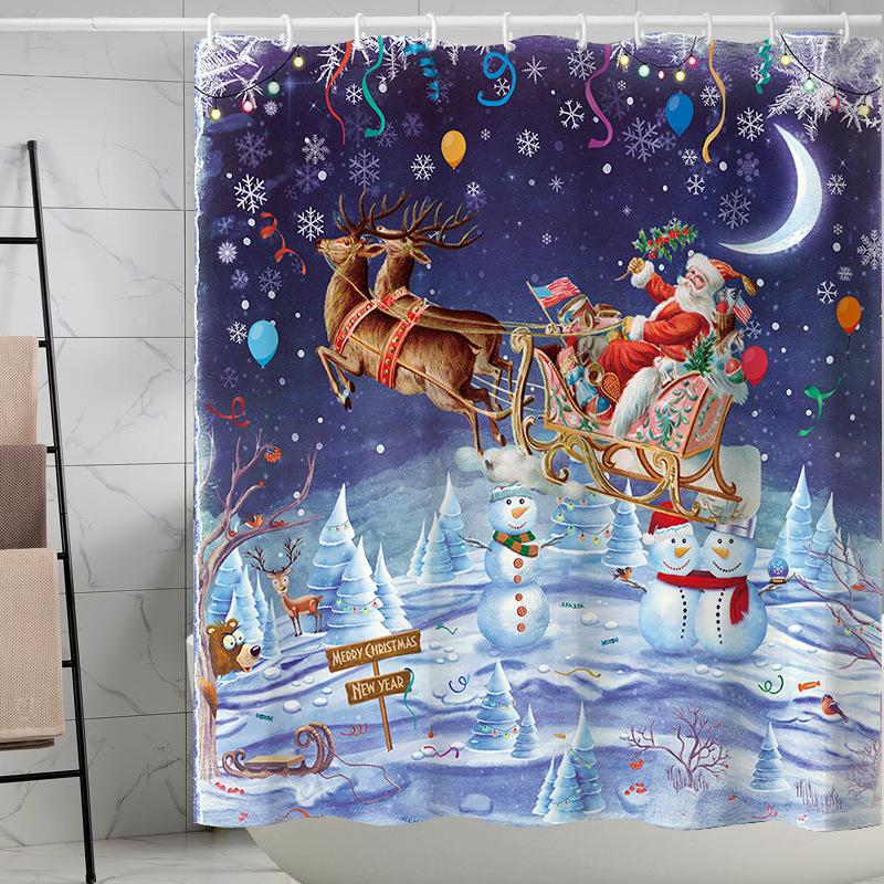 Best-Selling Christmas Digital Print Shower Curtain Waterproof, Includes Plastic C-Shaped Hooks