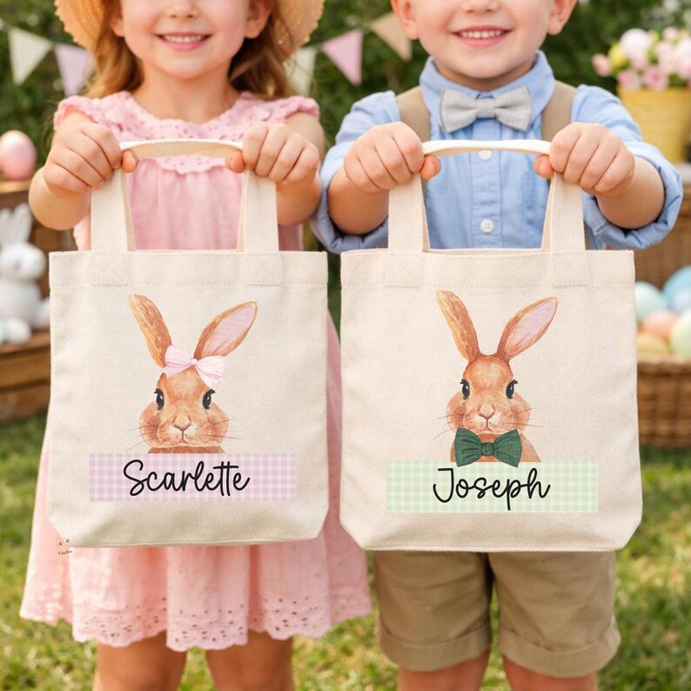 Custom Easter Bunny Bag With Name For Kids Egg Hunting Activities Reusable Goodie Bag Classroom Treat Bag Holiday Gift Basket