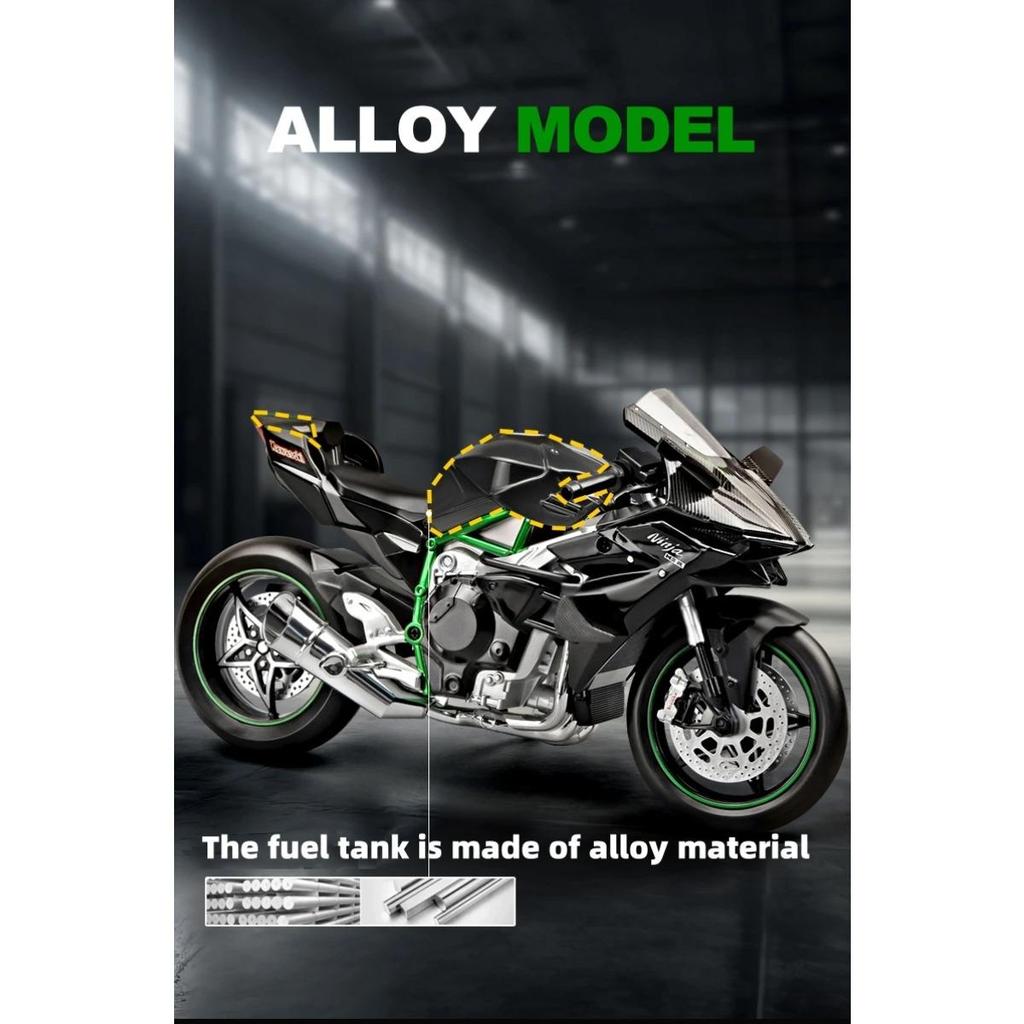 Modellino di Moto da Corsa in Lega Kawasaki H2R 1/9 Diecasts Metallo Modello di Moto da Pista Sportiva Suono e Luci con Spray Giocattoli Regali per Bambini