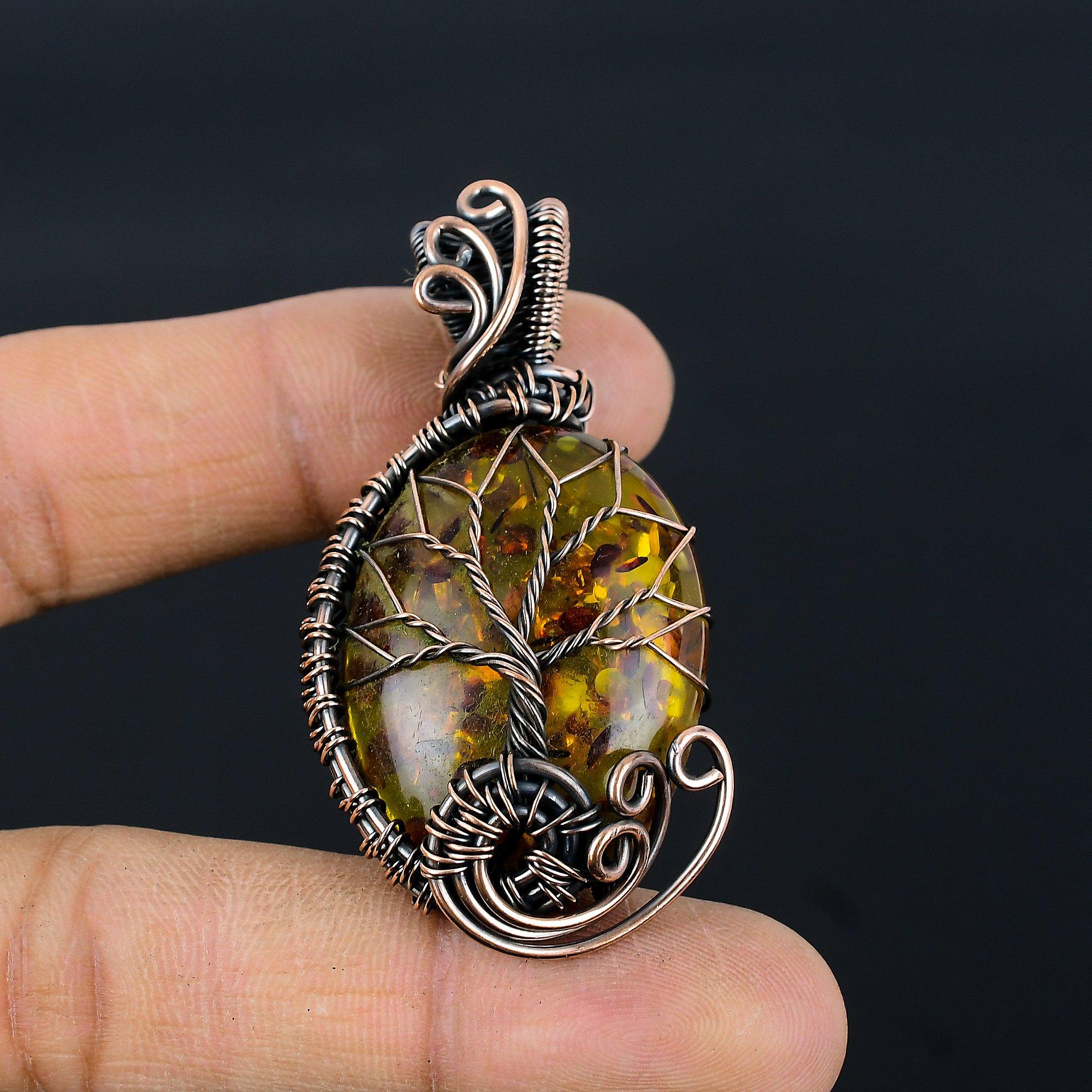 

Tree Of Life Baltic Amber Pendant, 999 Copper Wire Wrapped Gemstone Jewelry, Handmade Pendant For Mother Day 2.55 Inches