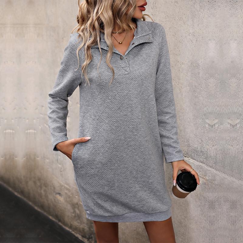YYFS Women's Fashion Autumn Winter Solid Color Print Long Sleeve Stand-collar Sweaters Casual Dresses